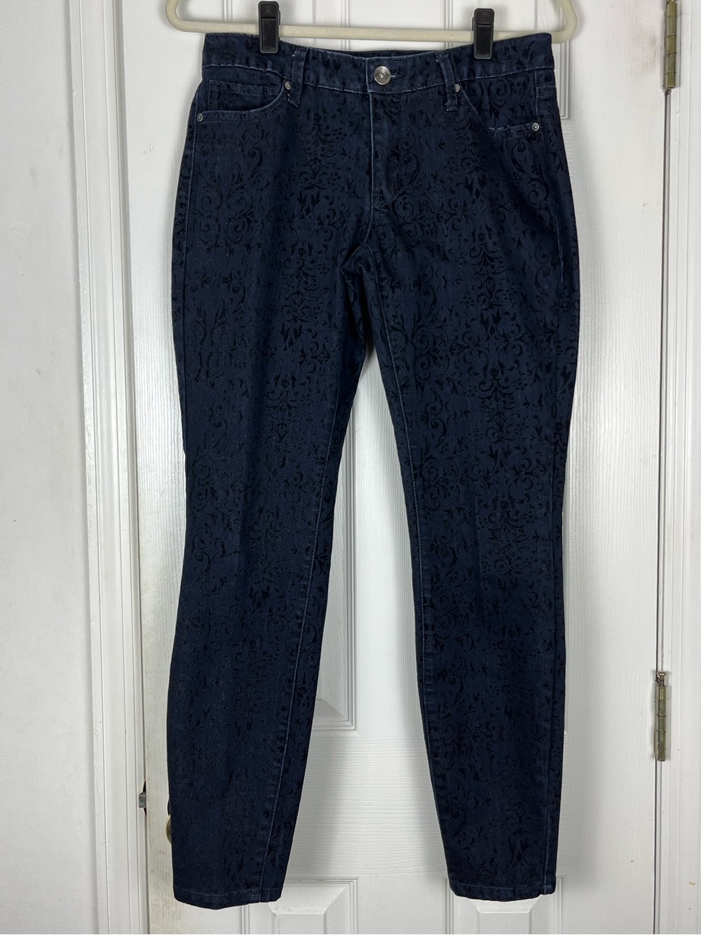 Nine West Cigarette Fit Skinny Leg Velvet Brocade Jeans Sz 4/27 Stretch Denim